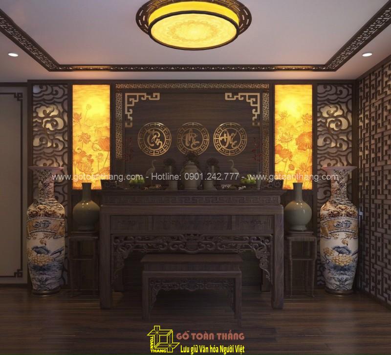 Bàn thờ gỗ Chiu Liu kết hợp ánh sáng vàng ấm của tranh trúc chỉ